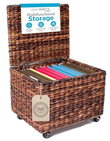 BIRDROCK HOME Seagrass Rolling File Cabinet - Storage Organizer Box with Lid - Home Office Decor - Decorative Organize - Letter Legal Hanging Filing Container - Strong Durable Toy Pillow - Espresso