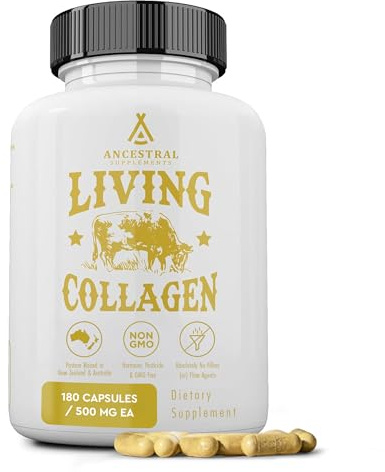 Ancestral Supplements Grass Fed Beef Living Collagen Nutritional Powder Supplement, 3000mg, Promotes Healthier, Younger Looking Skin, Hair, Nails and Joints, Type II, 180 Capsules