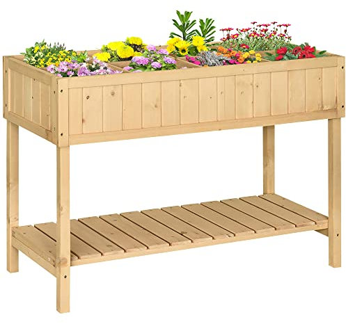 Outsunny Växtbord, högbädd, växtbord, blomlåda, planteringsbord, 6 fack med avlopp, gran massivt trä, natur, 120 x 60 x 81 cm