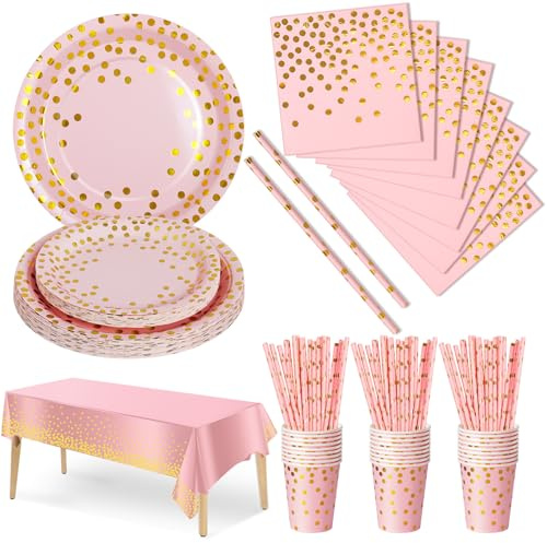 Nkaiso 126 Pcs Pink Gold Party Plates Cups and Napkins Set for 25 Guests