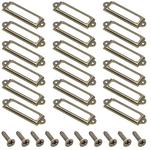 Yosawo 50Pcs Label Holder Metal Card Tag Holder Furniture Drawer Cabinet Tag Frame with Screws for Cabinets, Boxes, Shelf, Drawer, Wine Cellar and House Decoration(60 * 17mm/Bronze)