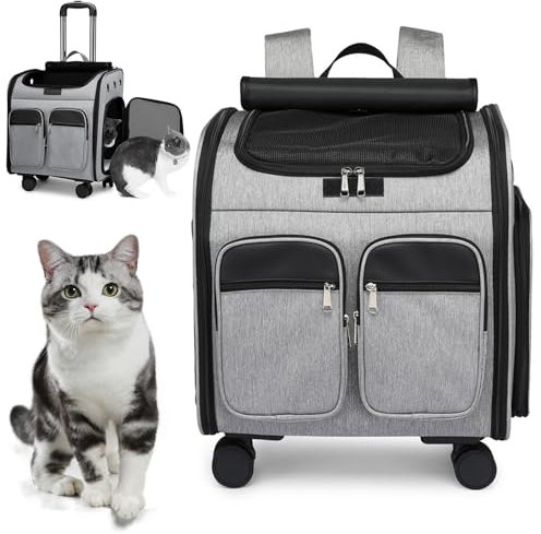 Katzenrucksack Hunderucksack Mit Rollen, Rucksäcke Trolley Für Kleine Hund Und Katzen, Hundetrolley Transporttasche Haustierwagen Faltbarer Transportbox Atmungsaktiv,Grau