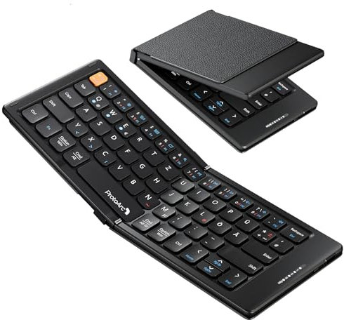 ProtoArc Faltbare Kompakte Tastatur QWERTZ, XK04 Mini Tragbare Reise Bluetooth-Tastatur mit PU-Lederhülle für iPad iPhone Mac Android Windows iOS - Schwarz