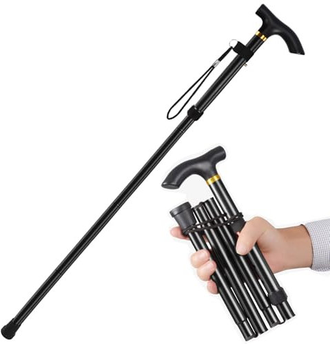 Favuit Bastone da passeggio pieghevole, regolabile in altezza, in alluminio, antiscivolo, portatile, con cinturino da polso e impugnatura a T, per anziani, uomini e donne (nero)