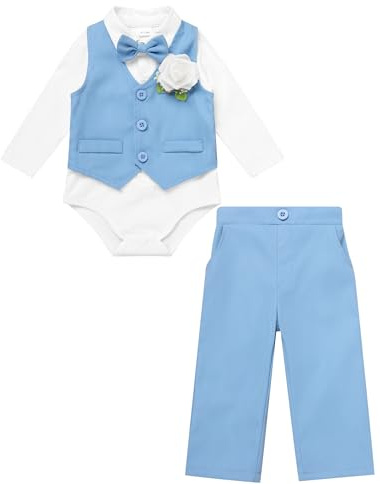 IDOPIP Baby Boy Clothes Suits Infant Gentleman Outfit First Birthday Baptism Christening Outfit Toddler Boys Formal Dress Shirt Romper+Bowtie+Corsage+Vest+Pants Set Baby Wedding Suit Blue 6-9 Months