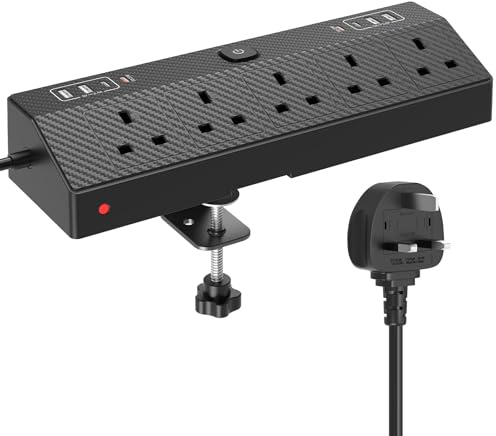 Desk Extension Lead 1.8M, HAFINO 2 PD 20W Desk Power Socket with USB C Fast Charger, 5 Way Desk Power Strip with 8 USB Slot, Desktop Plug Socket with Removable Clamp for Home Office Accessories, Black