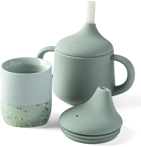 Moonkie Tasse Apprentissage Bebe, Set de Gobelet Bebe 60ml & Tasse a Bec en 3 Étapes 120ml, Gobelet Silicone pour 4 Mois+, sans BPA, Tasse Enfant 6-12 Mois, Adapté au Lave-vaisselle(Menthe)