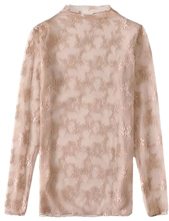 Maglia da donna sexy in rete con glitter trasparente, camicetta a maniche lunghe, in pizzo trasparente, per feste, club, festival, cachi, Taglia unica