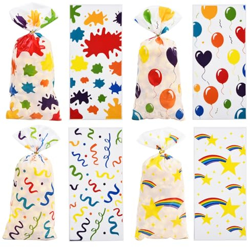 100 Pezzi Sacchetti Compleanno Bambini, Sacchetti Regalo Bustine Cellophane, sacchetto regalo di caramelle borsa per Regali fai da te, la festa di compleanno （Onde, Arcobaleno, Stelle e Pois）