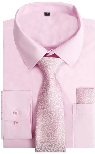 Alizeal Mens Long Sleeve Shirt Necktie & Pocket Square Set Formal Casual Business Wedding Button Down Dress Shirt Set, Light Pink-Blush-L