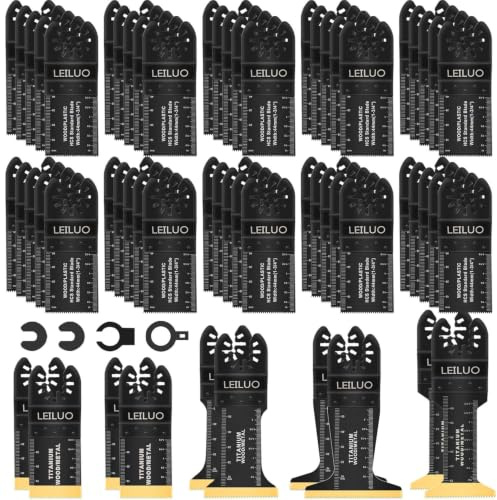 LEILUO 110Pcs Titanium Multitool Blades,Oscillating Tool Blades Set | 100 Carbon Steel & 10 Titanium, Extra Long & Wide, Wood Metal Nails Cutting, Compatible with DeWalt, Milwaukee & More