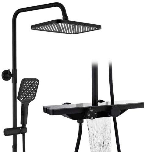 Homelody Duschsystem med termostat och glashylla svart – duscharmatur komplett set med 30 cm, handdusch 3 stråltyper och nedre pip – duschset regndusch med kran