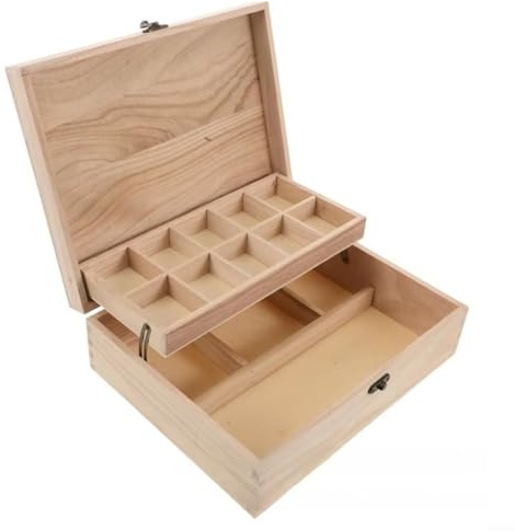 HOHOVYVY Joyero de madera grande con dos niveles y tapa abatible, joyas y accesorios de costura, caja de almacenamiento, 28 x 22 x 9 cm
