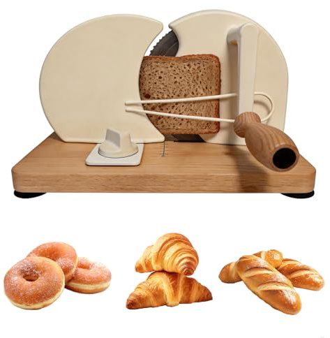 Manuell brödskärare med träbas, brödskärare med justerbar skivtjocklek för formbröd, baguette och fullkornsbröd, perfekt för hemkök, kaféer och hantverksbagerier