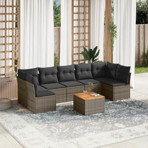 Owoxanthellate Salon de jardin 8 pièces - 62 x 62 x 69 cm - Gris - En rotin synthétique - Résistant aux intempéries - Avec table en bois d'acacia - Groupe de sièges modulaire pour balcon, terrasse et
