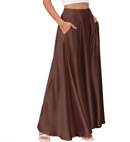 Falda Larga Mujer,Elegante Faldas Largas de Satén de Cintura Alta Acampanada hasta El Tobillo para Mujer con Bolsillos Color Sólido Cómodo Falda a Línea Moda Maxi Faldas Primavera Verano