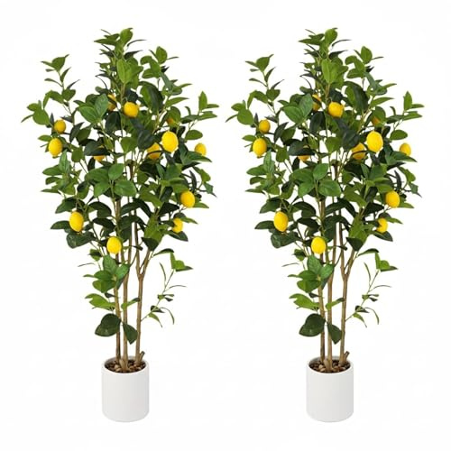Set med 2 120 cm, realistiskt stort konstgjort citronträd, falsk inomhusväxt med citron, multi stam och lövverk, vit kruka, underhållsfri, dekorativt konstträd för vardagsrum, kontor, balkong