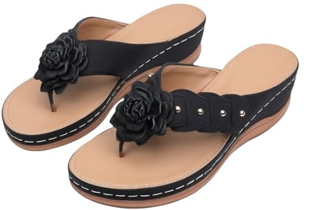 Générique Sandales compensées Femme été, Tongs à Enfiler Entre-Doigts avec Fleur décorative, Clous et Coutures Apparentes, Mules Confortables Grande Pointure Style européen