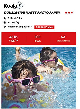 KOALA Double Sided Matte Inkjet Photo Paper A3, 180gsm, 100 Sheets for Inkjet Printers. Suitable for Printing Photos, Brochures, Covers, Certificates, Booklets, Flyers, Leaflets, Cards, Calendars