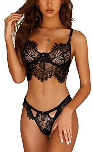 VicSec Mujer Sexy Conjunto de Sujetador y Braguita, Set de Lencería Erótica Romántica de Encaje Malla Transparente Dulce Bralette sin Aros Ropa Interior para Dormir (Negro, L)
