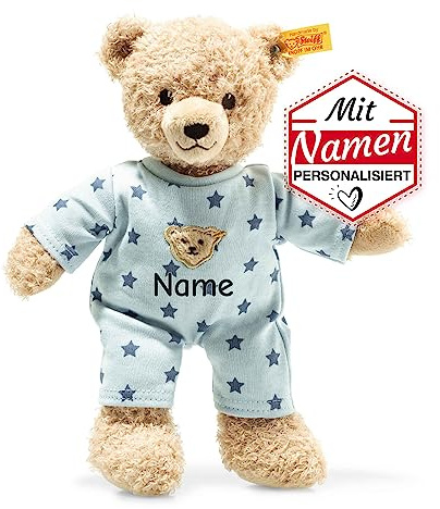 Steiff Jungen Teddy and Me Bär mit Namen personalisiert, Blau Schlafanzug Kuscheltier, Niedlicher Schmusetier Plüschtier Stofftier, 25 cm