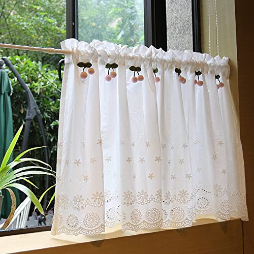 A.Monamour Tenda da cucina corta per piccola finestra in cotone bianco pizzo ricamo fiore con ciliegia opaca tenda frangibise tende a ripiani tende a disco, pannelli mantovanici, bistrò, caffè
