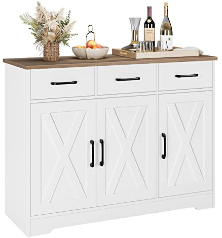 HOSTACK Modern Farmhouse Sideboard Buffet Cabinet, Barn Doors Buffet Storage Cabinet with Drawers and Shelves, Wood Coffee Bar with Storage for Kitchen, Dining Room, Living Room, White