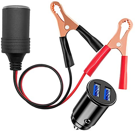 Hoembpn Batterie Clip Krokodilklemme auf 12V Auto Zigarettenanzünder Steckdose Adapter Verlängerungskabel Buchse 18AWG, 12V/24V Mini Dual USB Port Zigarettenanzünder Auto Ladegerät