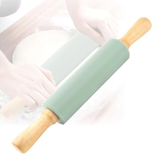 Nudelholz Teigroller Wellholz Holz Silikon Rolling Pin Groß Backrolle Ausrollhölzer mit Holzgriff und Antihaft Oberfläche Teigwalze 38 cm Nudelhölzer Knetrolle für Gebäck Nudelteig Cookie