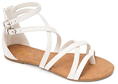 HEVA Women's Casual Strappy Sandals Comfort Adjustable Flat Sandals(6UK 39EU,White)