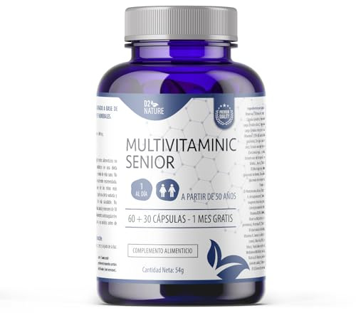 Multivitamínico Senior - Mayores de 50 Años - Vitaminas C D3 E B12 - Cúrcuma - Ginkgo Biloba - Zinc - Hierro - 90 Cápsulas - Salud Ósea Cognitiva - Inmunidad - Energía - Antioxidantes | D2 Nature