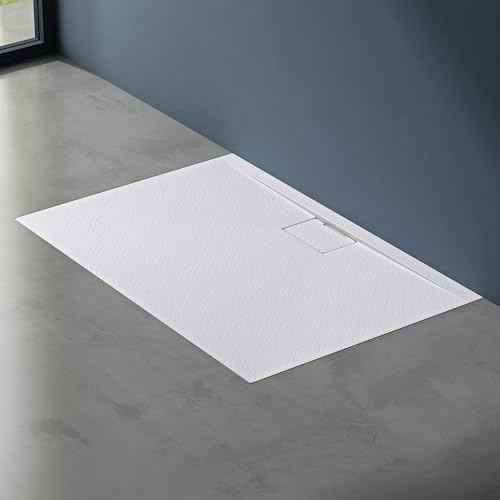 doporro Duschtasse Duschwanne 100x120x3 flach Mineralguss in Weiß inkl. Ablaufgarnitur AL06 DIN-Anschlüsse für bodengleiche Montage geeignet Geoma07