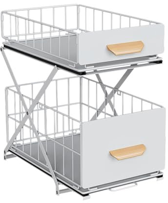 Rangement Sous évier à 2 Niveaux,Organiseur de Cuisine, Étagère sous Évier, Porte-épices,Panier de Rangement Coulissant en métal,pour Cuisine, Salle de Bain,Chambre-40*26*43 cm-blanc (1 pièce)
