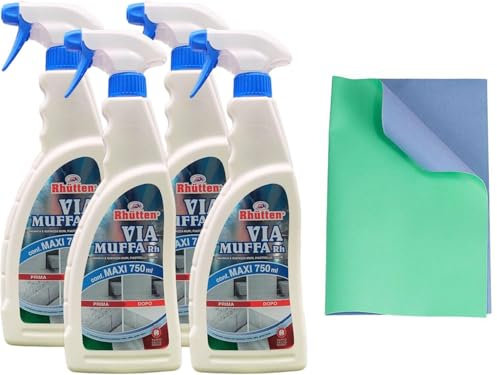 SET: 4x 750ml Detergente Spray VIA MUFFA Rh. Sbianca e Igienizza Muri, Piastrelle, Fughe, etc + Panno PANNO DETERGE E ASCIUGA 40x30cm, Un lato pulisce uno asciuga