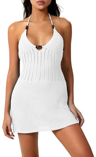 Loalirando Robe de Plage Crochetée, Col Halter, Mini-Robe Tricotée Col Deep V Dos Nu Sexy Tendance