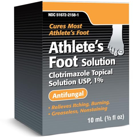 Clotrimazole Athletes Foot Treatment, Topical Solution 1% (1/3 Fl Oz) Jock Itch and Ringworm Treatment, Helps Relieve Itching & Burning, Greaseless & Non-Staining
