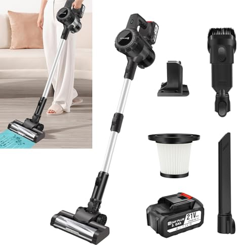 DayPlus Aspirapolvere senza fili con 2 batterie da 3,0 Ah, 15000 Pa potente aspirazione, spazzola rotante con luce LED, batteria rimovibile da 21 V, durata fino a 65 minuti