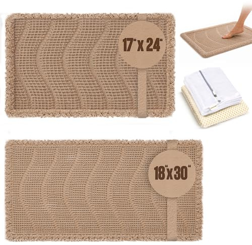 Waffle Knit Bath Mat Set of 2 – 18×30 & 17×24 Latte | Deluxe Dual Anti-Slip Backing + Extra Pad | Ultra-Absorbent Quick Dry Waffle Bathroom Rugs | Boho Bathroom Rugs | Laundry Bag Included