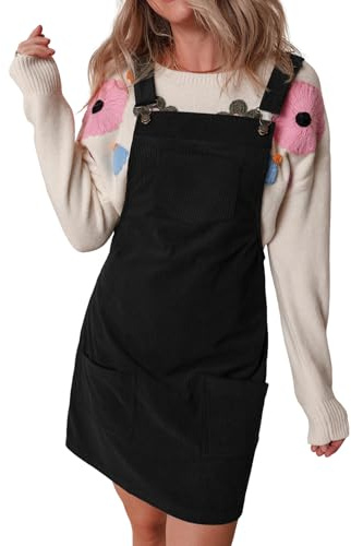 IDEALSANXUN Corduroy Overall Dress for Women 2025 Fall Winter Casual Jumpers Pinafore Dress Skirtall Mini Skirt, Black, L