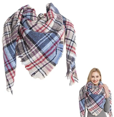 Oyiclyea Scottish Tartan Triangle Shawl Scarf Red Blue, Triangle Fall Winter Soft Plaid Scarfs, Scottish Tartan Plaid Scarf Shawl, with Glen Check Pattern, Gifts for Women Ladies
