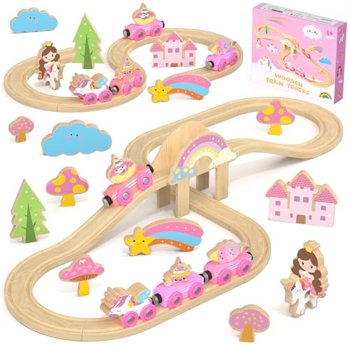 Hot Bee Wooden Train Set, Toddler Girls Toys for 3 4 5 6 Year Old, Unicorn Toys Train Track Gifts for Kids Age 3-6