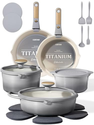 CAROTE 20pcs Titanium Cookware Set, Pots and Pans Set Detachable Handle | Non-Stick, Non-Toxic, PFAS and PFOA Free, Induction Compatible, Dishwasher & Oven Safe, Space Saving, Camping Cooking, Gray