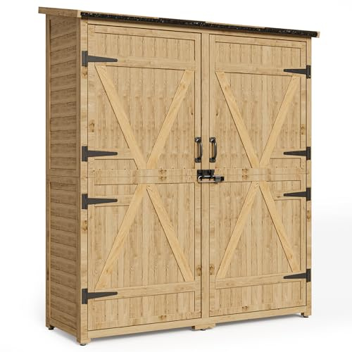 Blishom Armoire de Jardin en Bois, Armoire à Outils avec étagères, Armoire extérieure,abri de Jardin avec Porte,Toit à pignon,abri de Jardin résistant aux intempéries,140x50x162cm,Naturelle