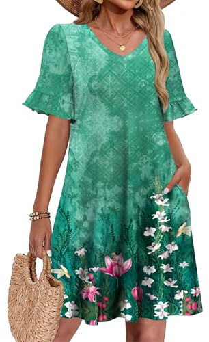 Zeagoo Short Dresses for Women Summer A Line Dress Floral V Neck Tunic Dress Casual Short Sleeve Holiday Dresses with Pockets Dark Green-Floral M