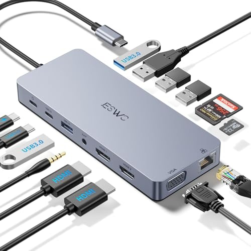 Estación de Acoplamiento USB C Hub para portátil 2 monitores, estación de Acoplamiento 14 en 1 con 3 Pantallas, Adaptador de Base USB C con 2 HDIM 4K, VGA, Ethernet, 6 Puertos USB-C/A 3.0, 100W PD