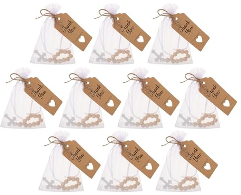 TOYANDONA Set 10 Rosari Battesimali in Legno Croce, Grani Lucidati e Sacchetto in Organza – Bomboniere Cattoliche per Battesimo, Prima Comunione e Preghiera Quotidiana