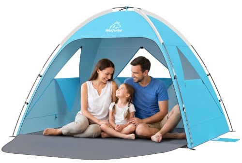 Wolfwise Strandmuschel UV Schutz, 3 Belüftungsfenster & Tragetasche, Strand Zelt mit erweiterbarem Boden für Privatsphäre, 3 Personen, 220x150x122cm(87 ''x59''x48''), Blau