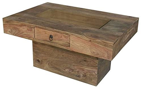 MASSIVMOEBEL24.DE | LEEDS Couchtisch aus Massivholz - Grau, geölt | aus Sheesham-Holz | 90x60x46cm | mit Schublade und Glasscheibe| Kaffeetisch Sofatisch