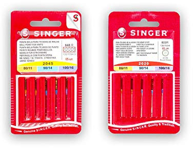 Singer Set mit 2 Packungen Nähnadeln für Nähmaschine, Nadeln 2020 / 822R (Universal), Nadeln 2045 / 848R (Stretch und Strick), verschiedene Stärken, für System 130/705 H