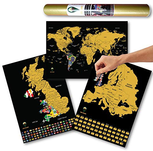 Global Walkabout Scratch Off World, Europe and UK Map with Flags background - Deluxe Travel Size World, Europe and UK Map Poster - Countries and Facts - Travel Gift (Black)